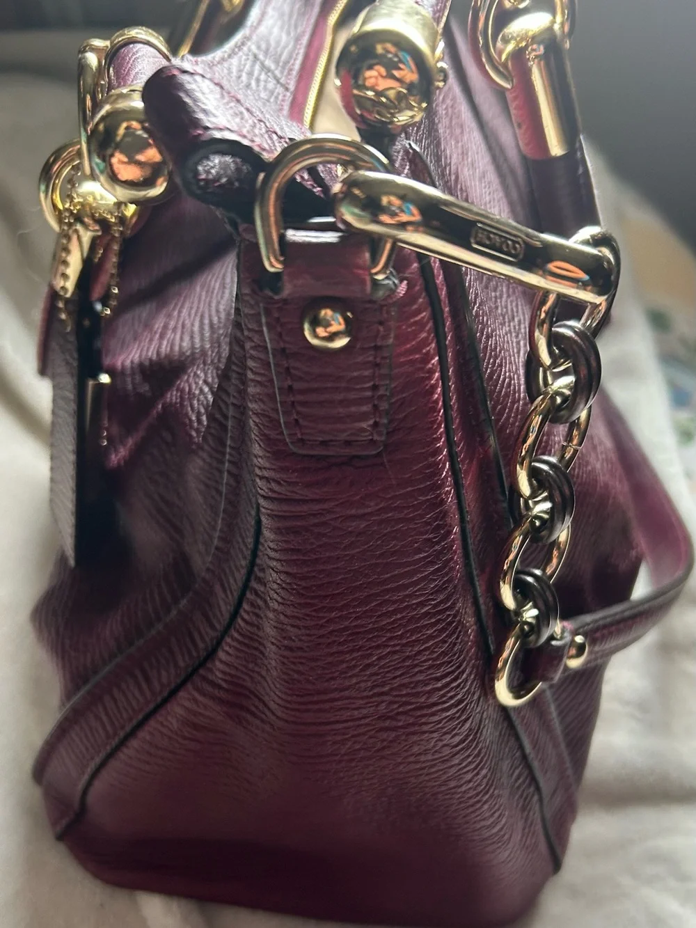 Coach Pebbled Leather Shoulder Bag in Berry with Gold Hardware